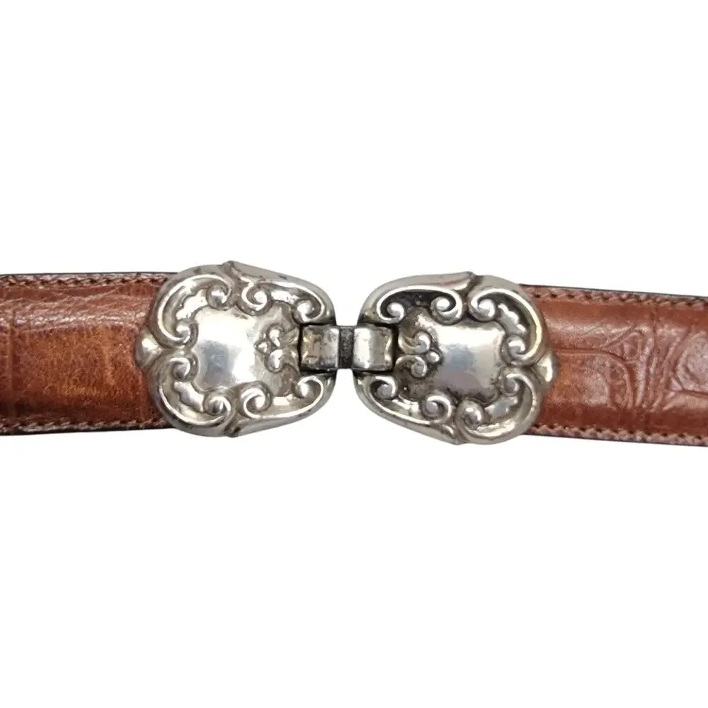 Vintage Brighton Brown Leather Western Croco Belt Engraved Made in USA 1996 S